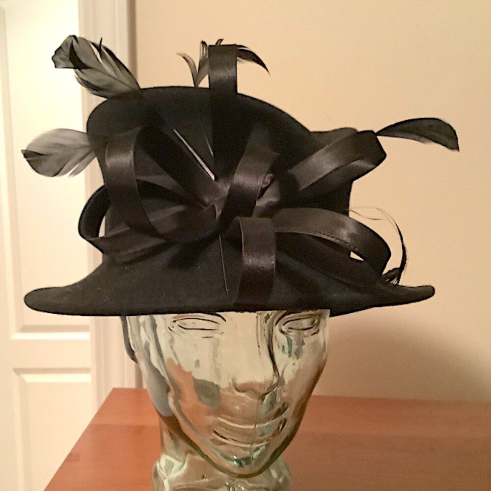 Giovannio  Black small brim felt hat,  100% Wool Feather and bows detail on top.